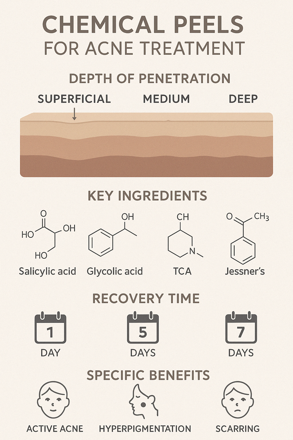 Diagram showing how different chemical peels work for acne treatment, including depth of penetration, key ingredients, recovery time, and specific benefits for different types of acne and scarring - best acne peel treatment infographic 