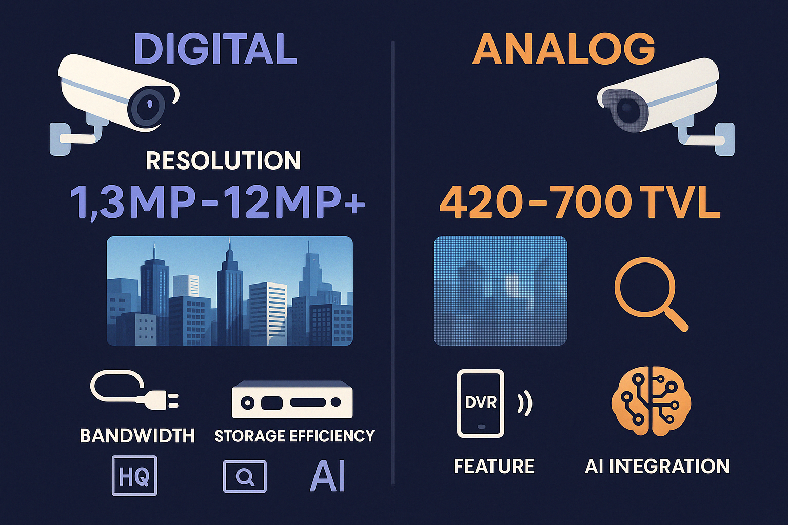 Detailed technical comparison chart showing the performance specifications of digital vs analog CCTV cameras including resolution ranges, bandwidth requirements, storage efficiency, and advanced feature availability with visual examples of image quality differences - digital cctv camera infographic 