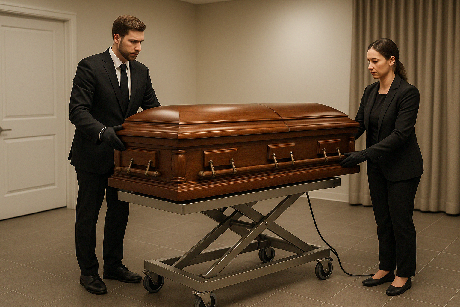 Mortuary lift table enhancing workflow in a funeral home setting - mortuary lift table