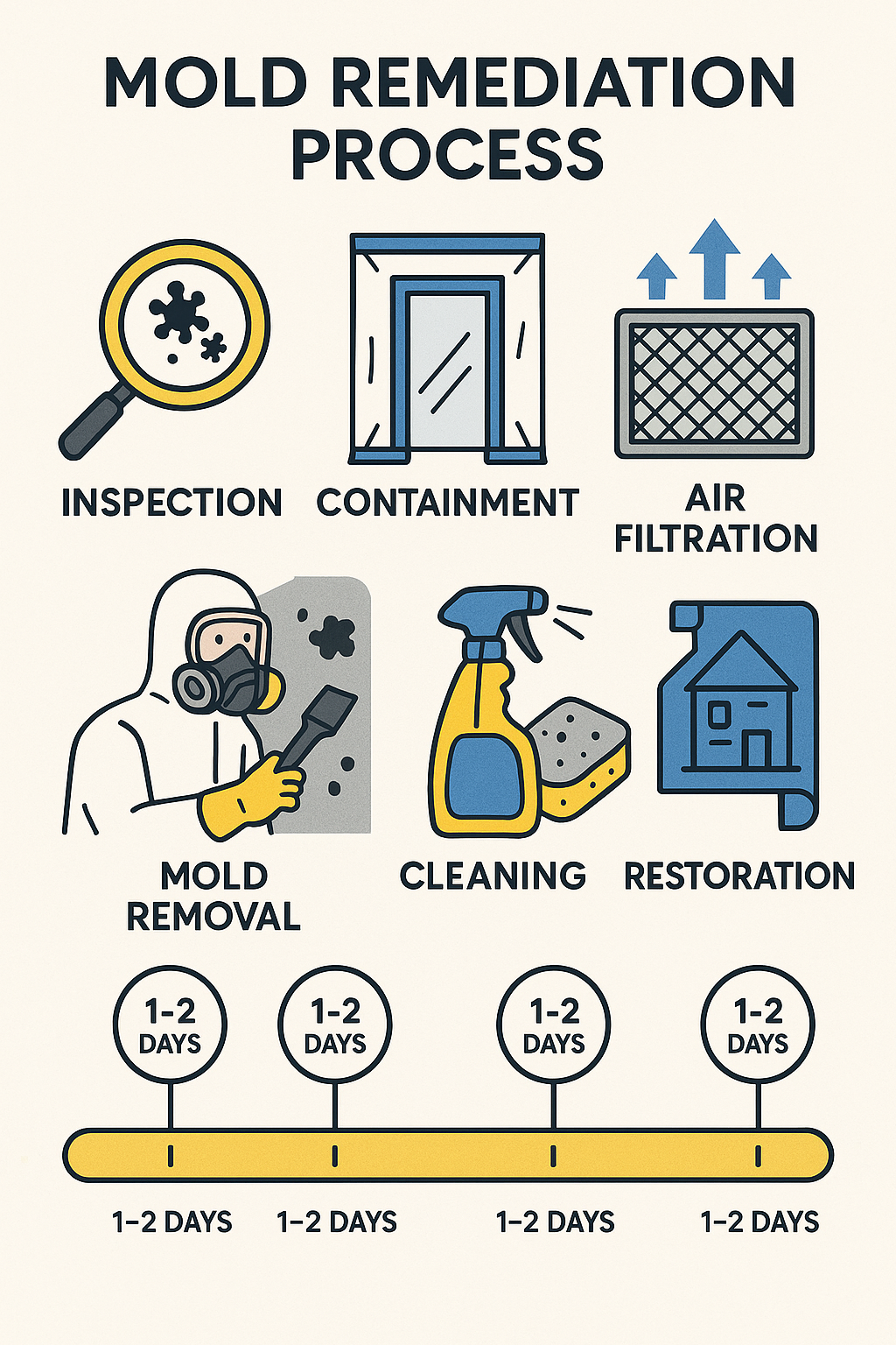 Comprehensive mold remediation process showing inspection, containment, air filtration, mold removal, cleaning, and restoration phases with estimated timeline for each step - mold remediation denver infographic 