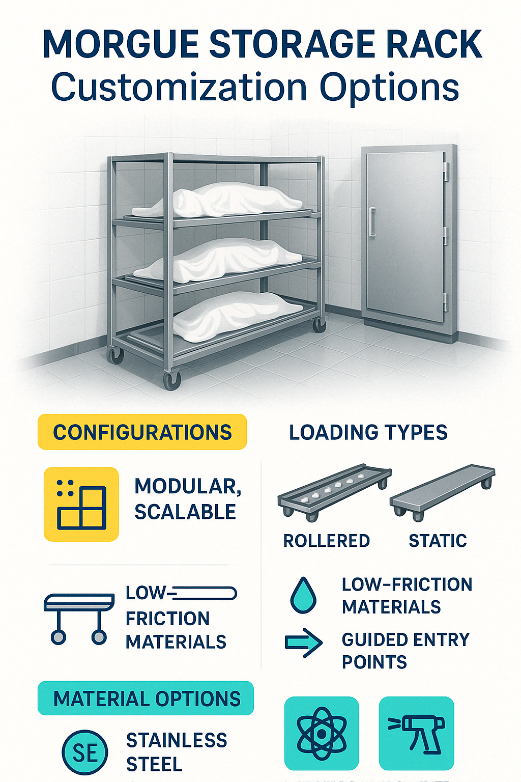 Customization options for morgue storage racks showing different configurations, loading types, and material options - morgue storage racks infographic 