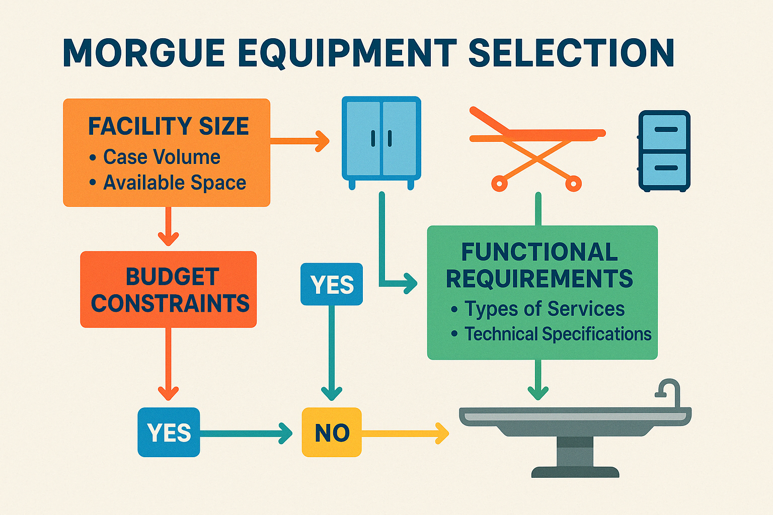 Decision-making flowchart for morgue equipment selection based on facility size, budget, and functional requirements - morgue equipment infographic 
