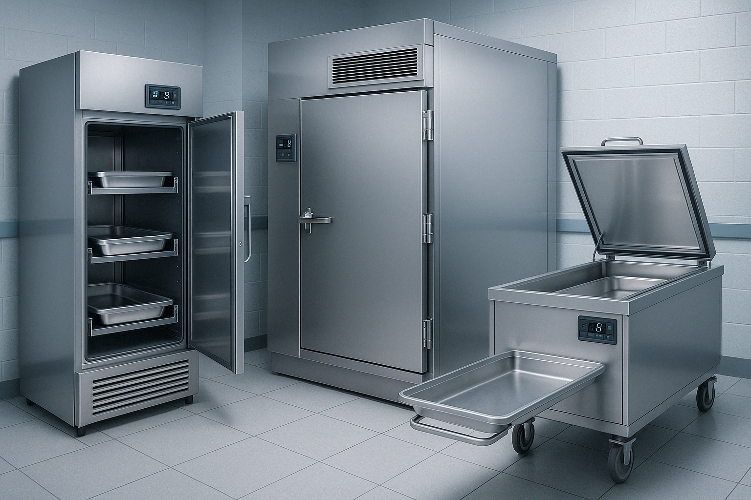 Different types of mortuary freezers including upright, walk-in, and mobile units - mortuary freezer near me