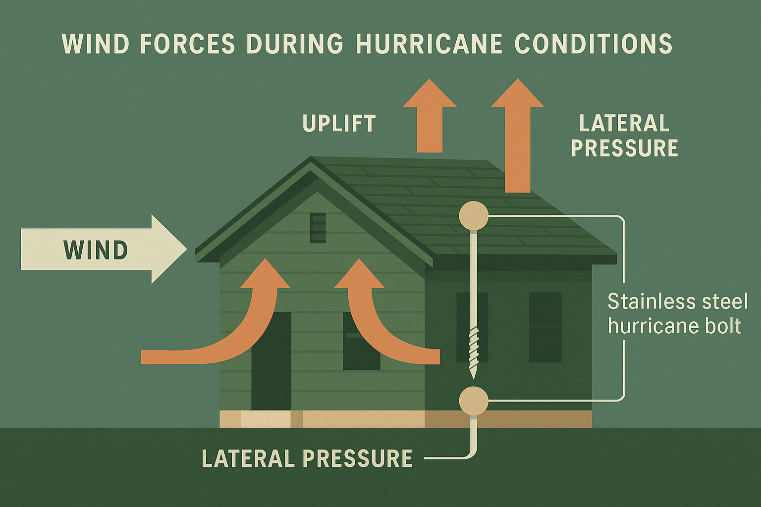 Wind forces during hurricane conditions showing uplift and lateral pressure on building structures - stainless steel hurricane bolts infographic 