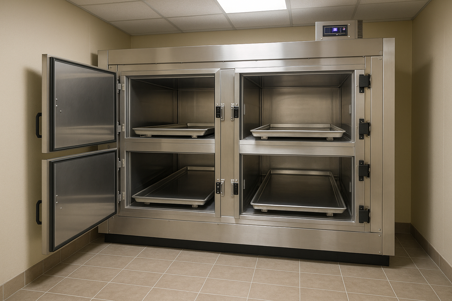 Mortuary freezer installation showing proper placement and setup in a funeral home - mortuary freezer near me