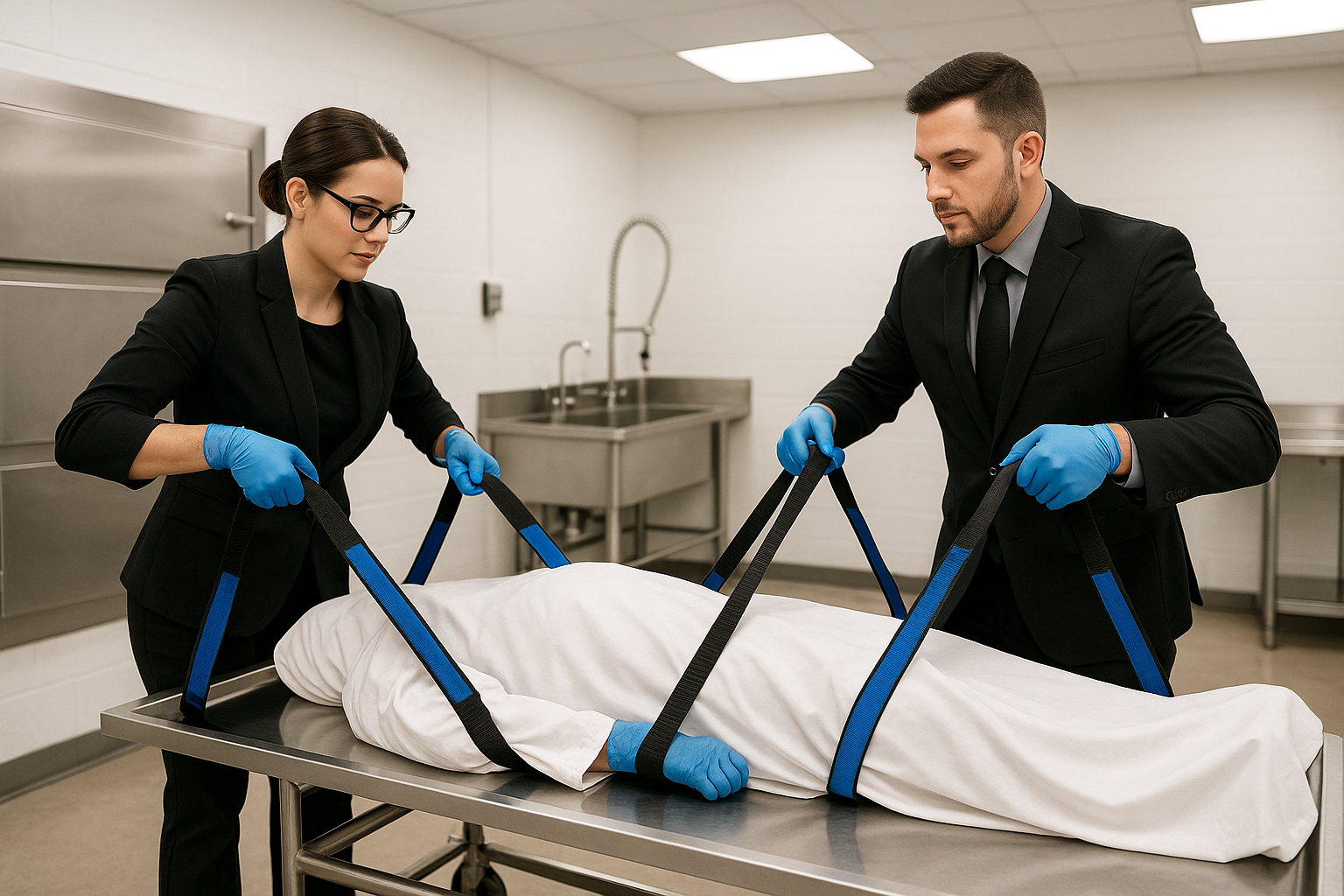 mortuary professionals using lift straps confidently - straps for mortuary lifts