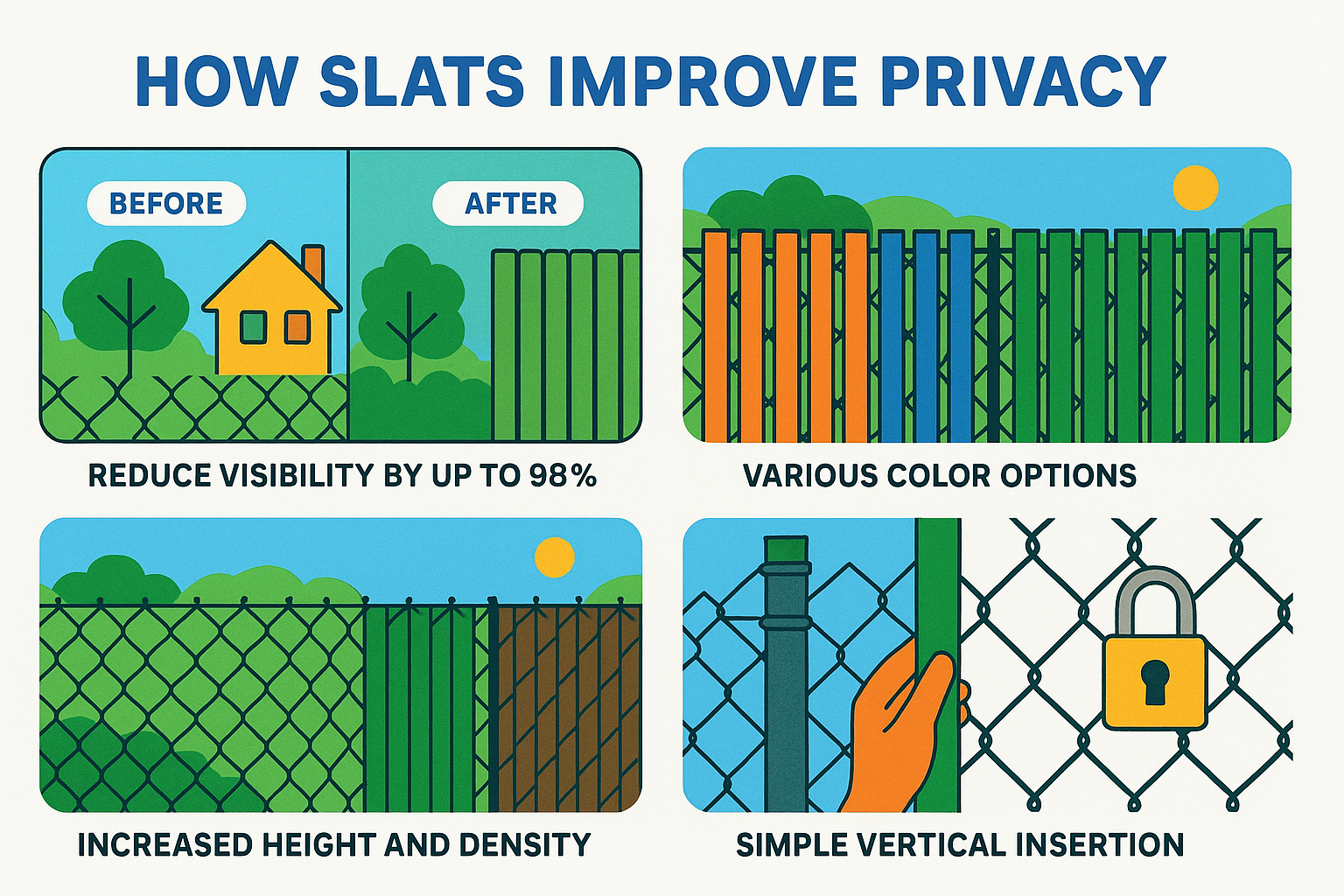 Infographic explaining how slats improve privacy - Chain link fence with slats infographic 