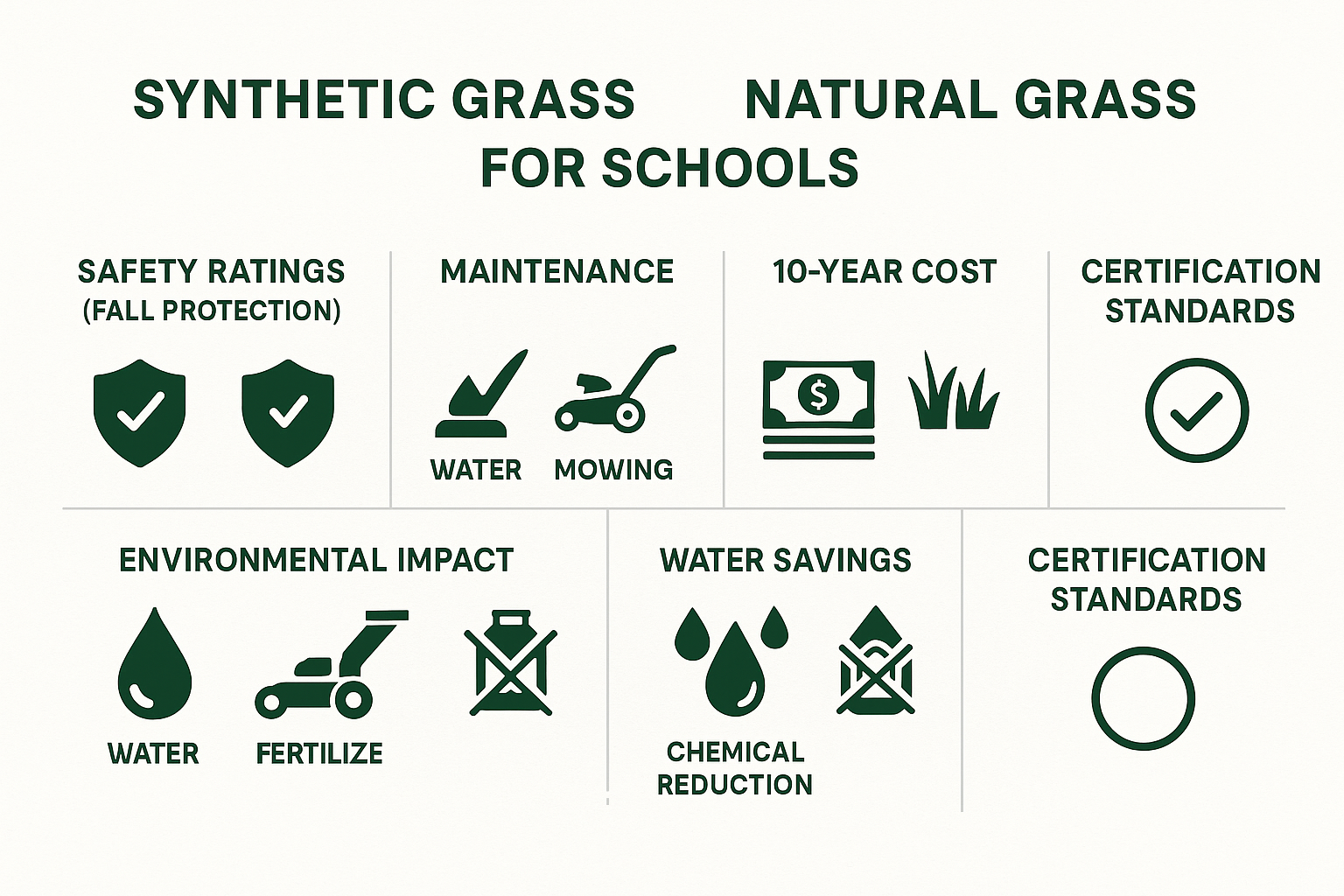 Detailed infographic showing the comparison between synthetic and natural grass for schools, featuring safety ratings, maintenance requirements, cost analysis over 10 years, environmental impact metrics, and certification standards - Synthetic grass for schools infographic 