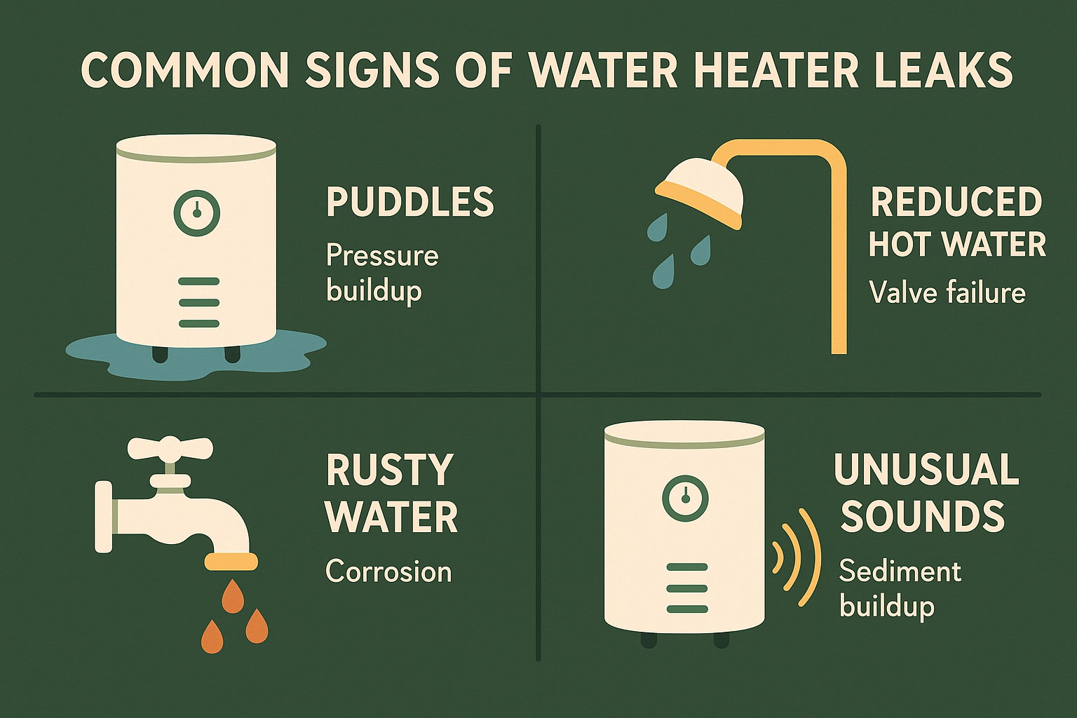 Common signs of water heater leaks including puddles, reduced hot water, rusty water, and unusual sounds with corresponding causes such as pressure buildup, corrosion, and valve failures - leaking water heater temecula infographic 