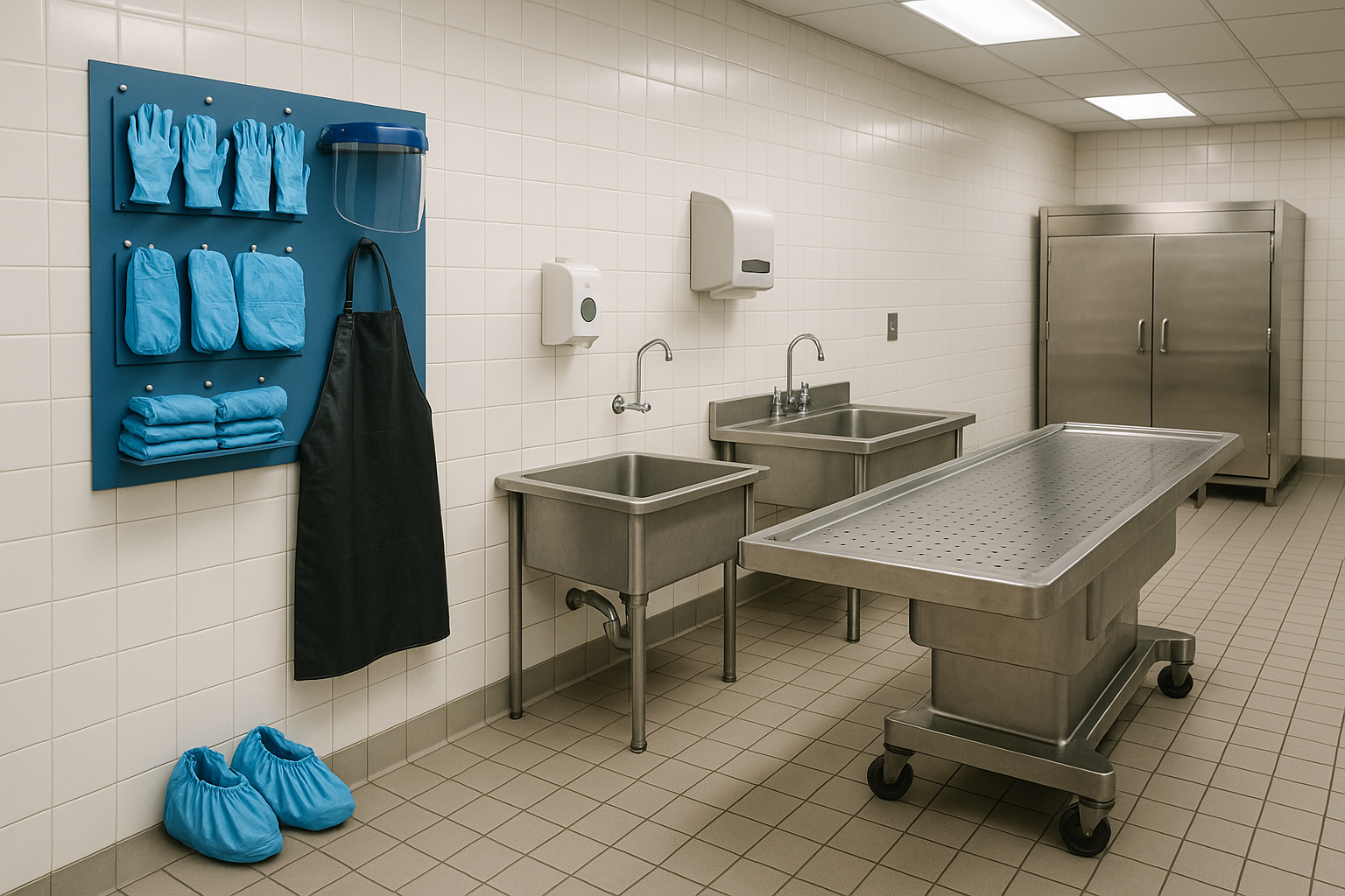 morgue safety equipment including PPE and washing stations - morgue equipment