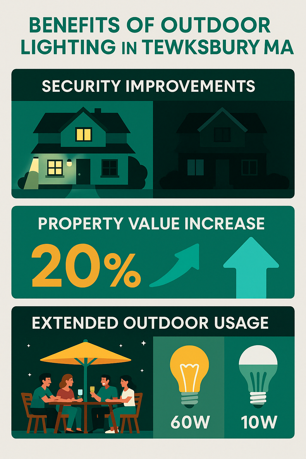 Benefits of outdoor lighting showing security improvements, property value increase, extended outdoor usage, and energy efficiency statistics - Outdoor lighting Tewksbury MA infographic 
