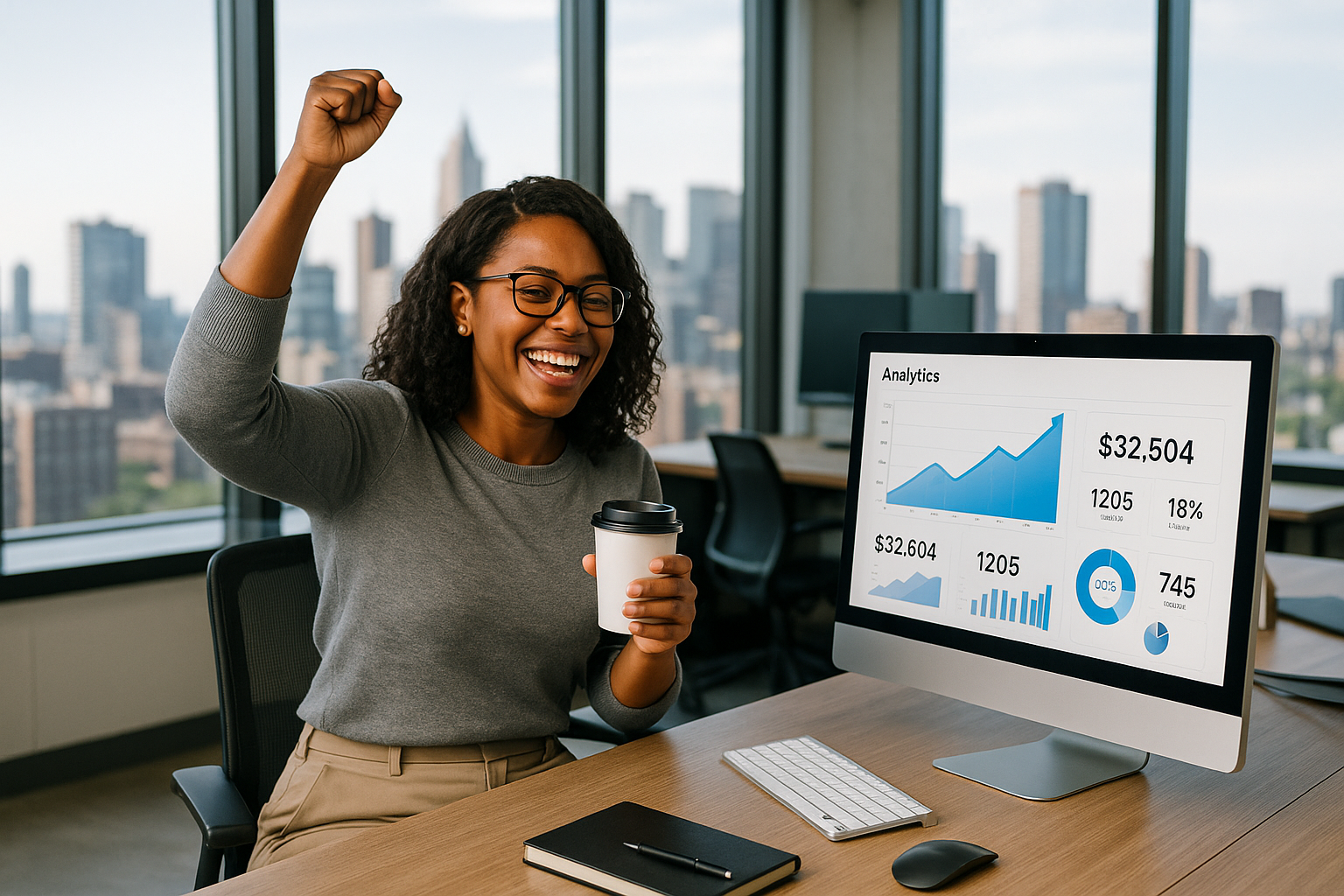 retail marketer celebrating success with analytics dashboard showing positive results - certified for retail online marketing courses