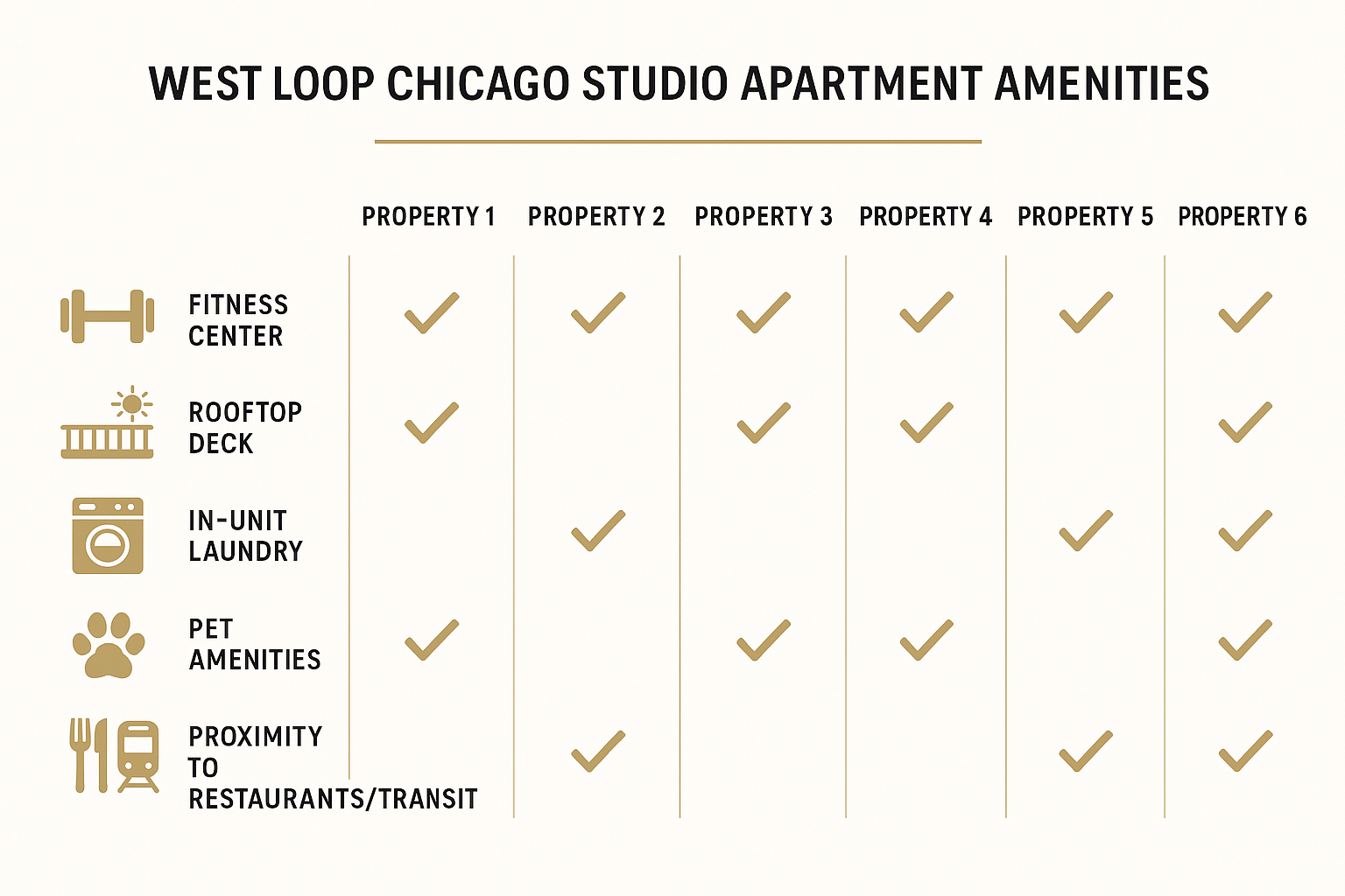West Loop Chicago studio apartment amenities comparison showing building features like fitness centers, rooftop decks, in-unit laundry, pet amenities, and proximity to restaurants and transit options across major West Loop properties - studio apartments in west loop chicago infographic 
