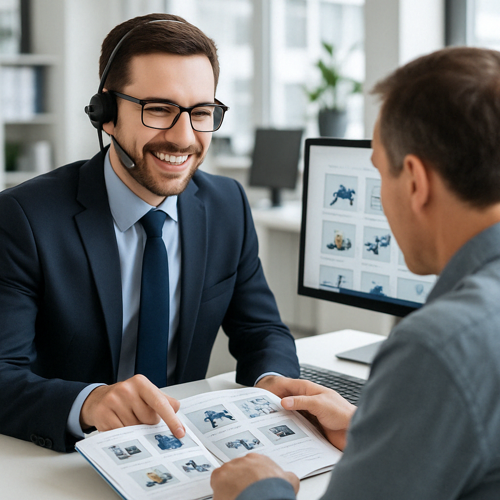 Customer service representative assisting with equipment selection - American Mortuary Coolers