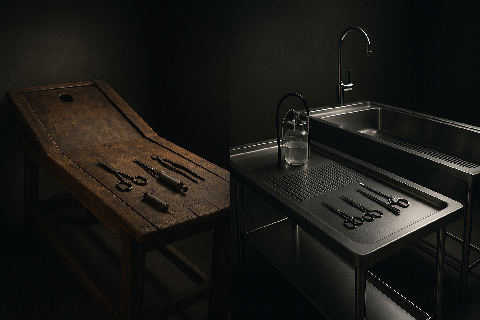 historical wooden embalming table compared to modern stainless steel table - embalming table definition