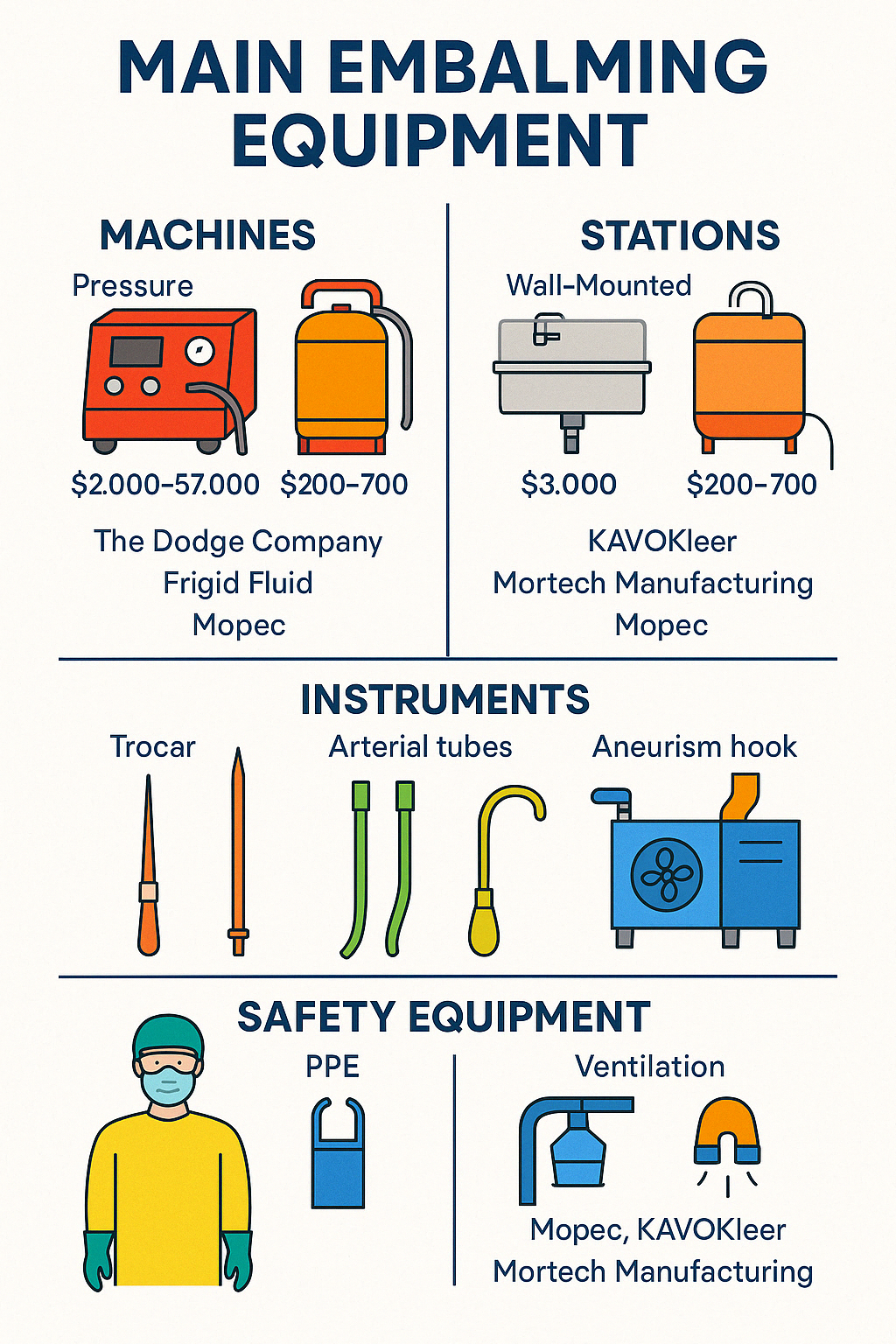 Comprehensive diagram showing main embalming equipment categories including machines (pressure and gravity), stations (wall-mounted and freestanding), instruments (trocars, arterial tubes, aneurism hooks), and safety equipment (PPE, ventilation systems), with price ranges and top manufacturers listed for each category - embalming equipment for sale infographic 