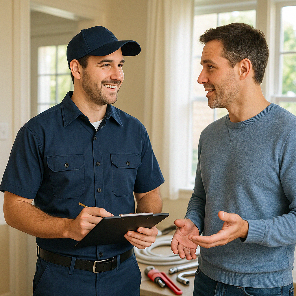 plumber providing estimate to homeowner - contractor plumber near me