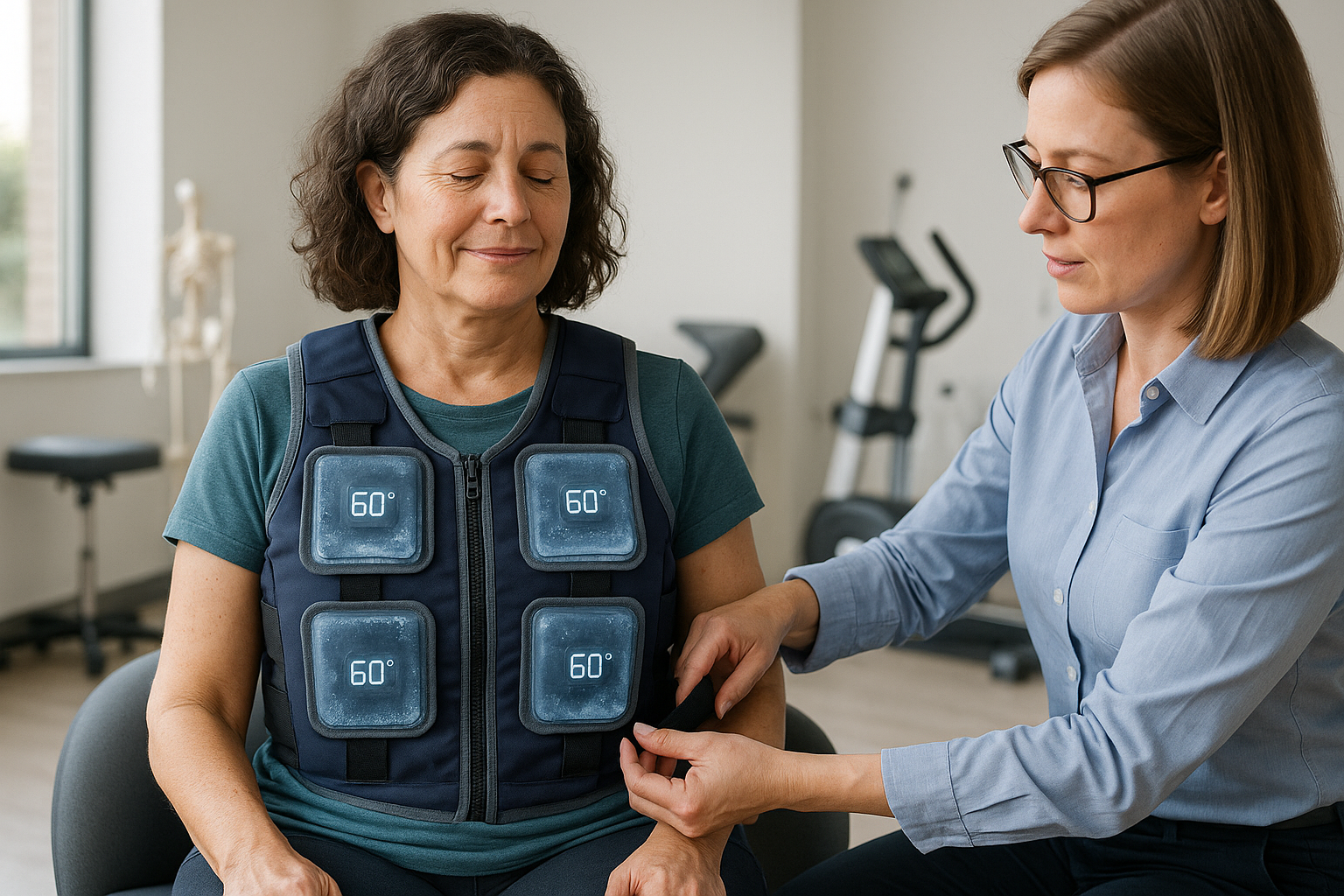 Patient with multiple sclerosis using a cooling vest during therapy - Body cooling systems
