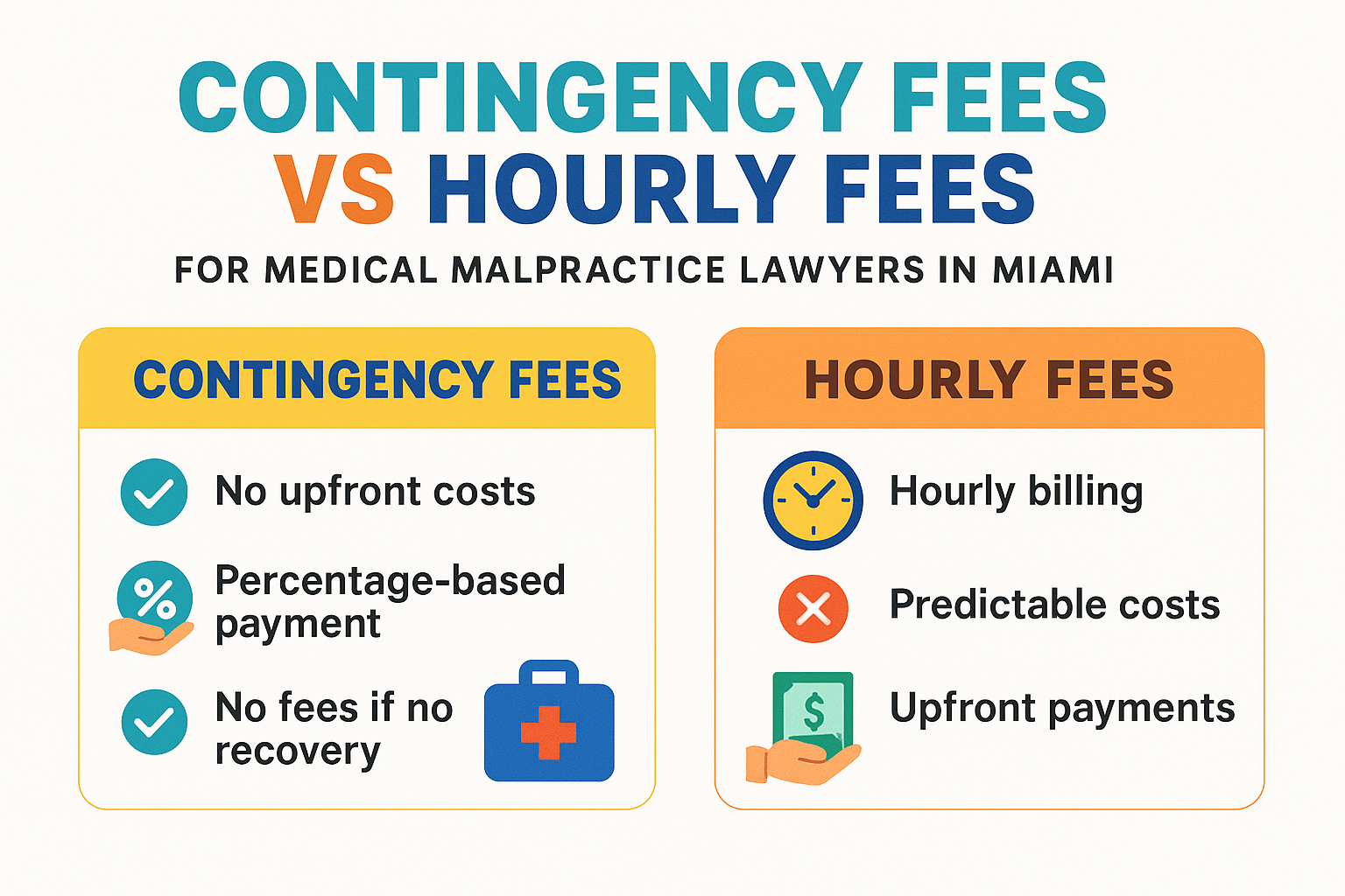 Comparison of contingency fees versus hourly fees showing benefits and drawbacks of each payment structure - medical malpractice lawyer miami infographic 