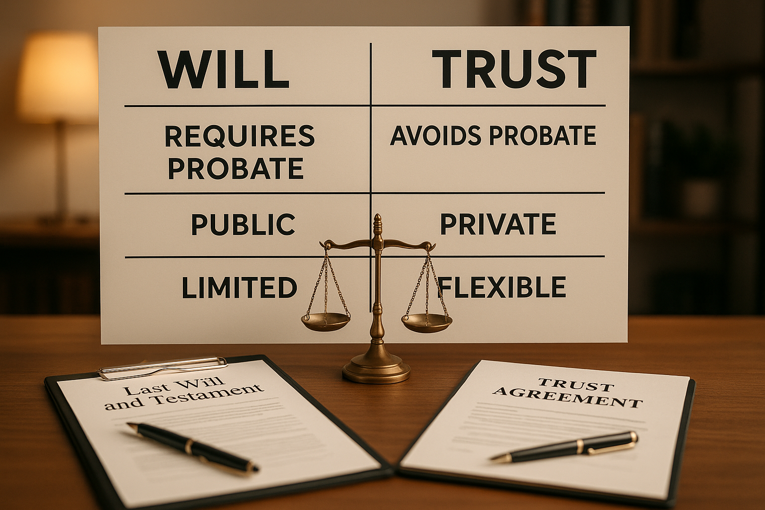 comparison of wills and trusts showing key differences in probate requirements, privacy, and control - Estate planning Houston