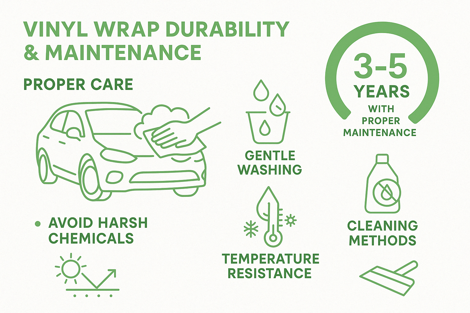 Vinyl wrap durability and maintenance infographic showing proper care techniques and expected lifespan of 3-5 years with proper maintenance - car vinyl wrap for sale near me infographic 