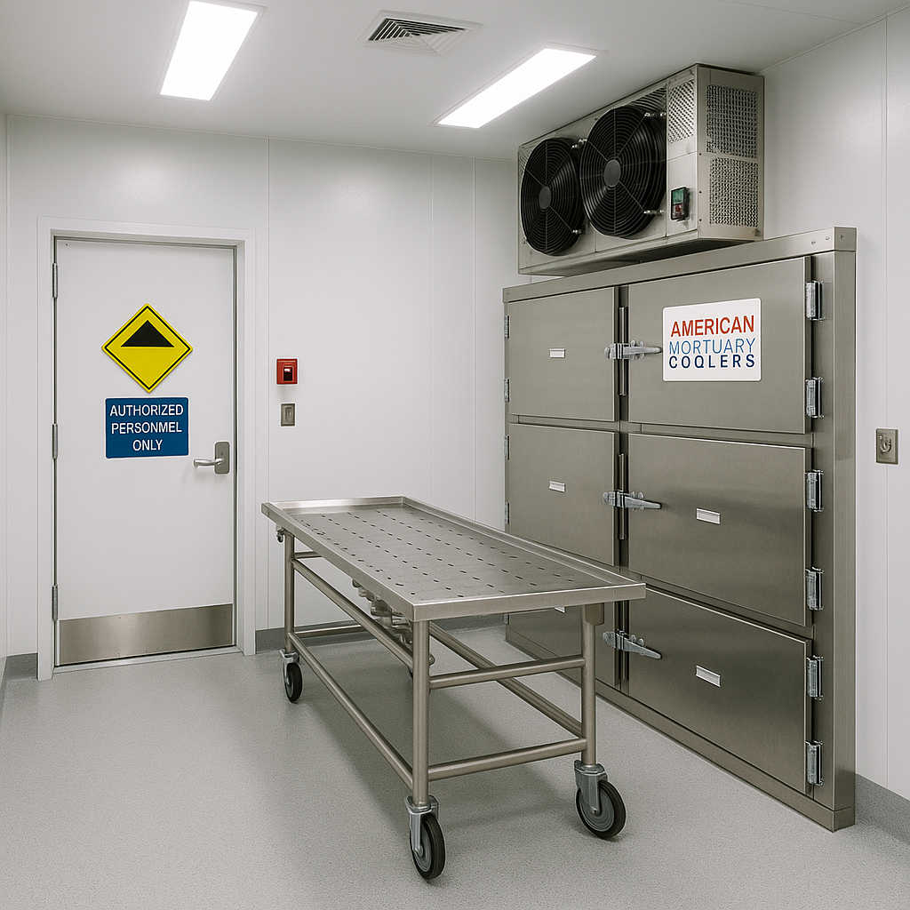 Modern morgue facility with American Mortuary Coolers equipment - morgue cooler temperature