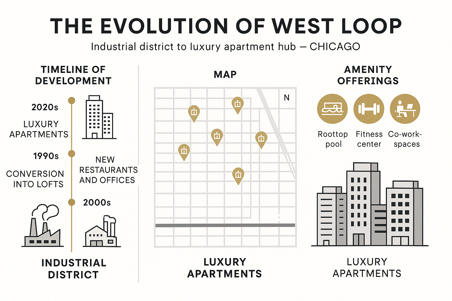 Infographic showing the evolution of West Loop from industrial district to luxury apartment hub, featuring timeline of development, map of new apartment locations, and comparison of amenity offerings across new buildings - new apartments west loop chicago infographic 