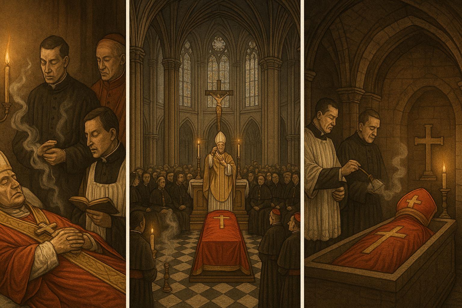 Papal funeral stages showing the three stations - Pope funeral 