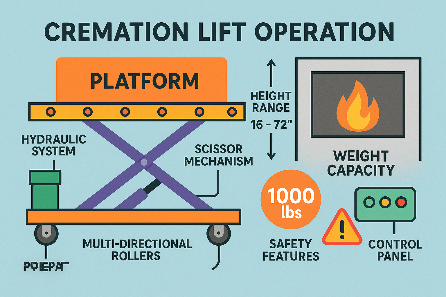 Infographic showing cremation lift components and operation with labeled parts including platform, hydraulic system, scissor mechanism, control panel, safety features, and multi-directional rollers along with height ranges and weight capacity specifications - cremation lift infographic 