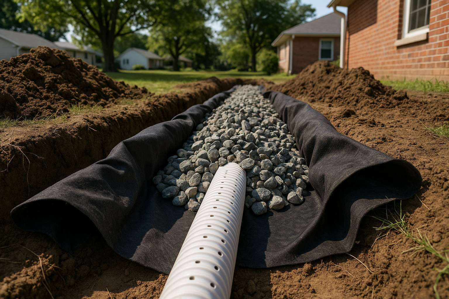 French drain materials including perforated pipe, gravel, and filter fabric - french gutter drain
