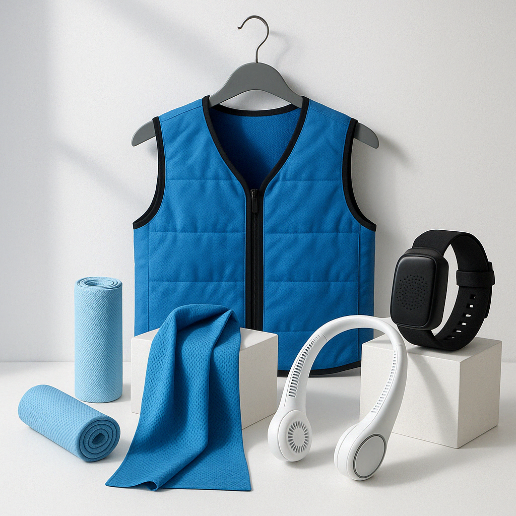Various body cooling products including vests, towels, and wearable devices - Body cooling systems