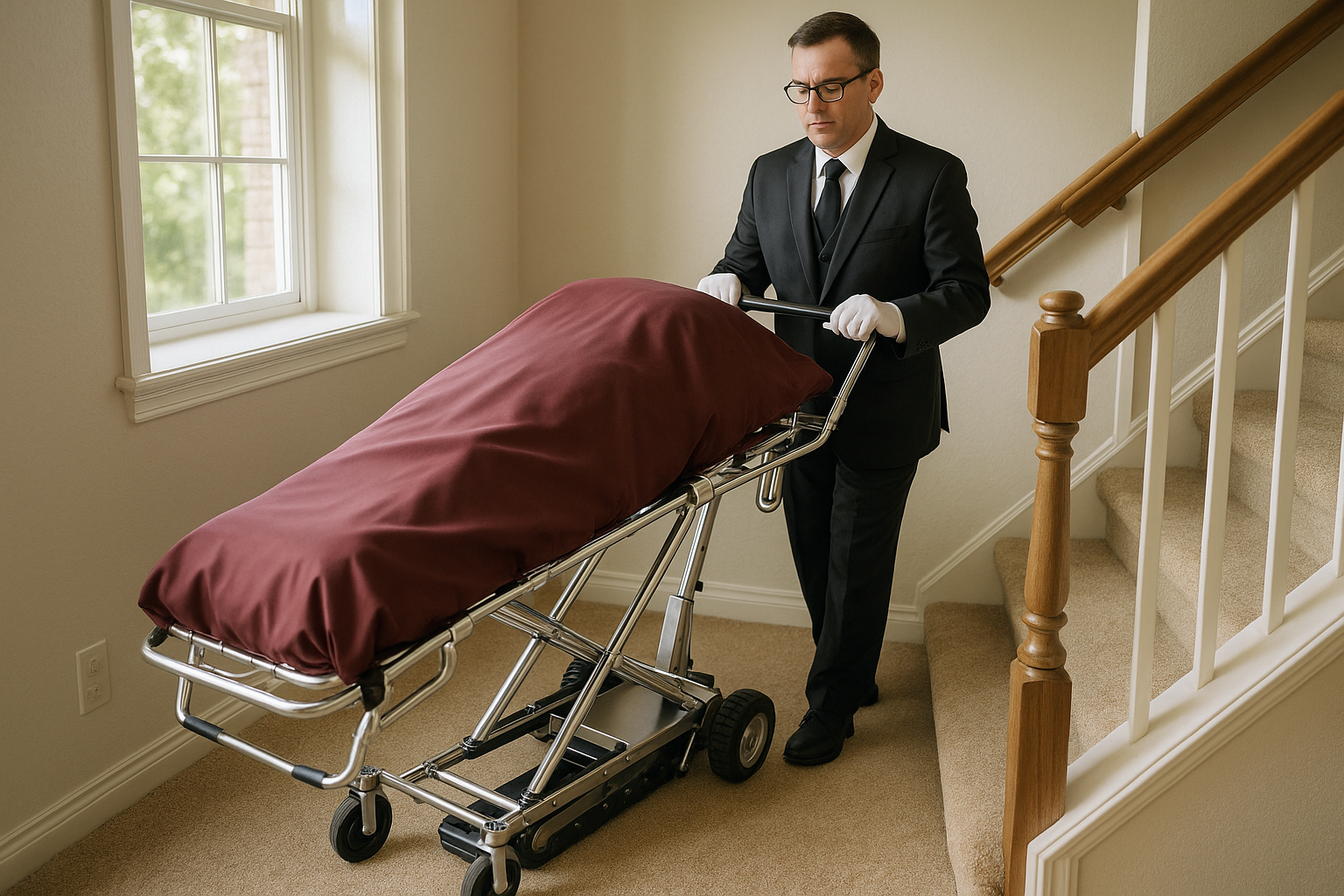 mortuary professional using lift stepper on stairs - mortuary lift stepper