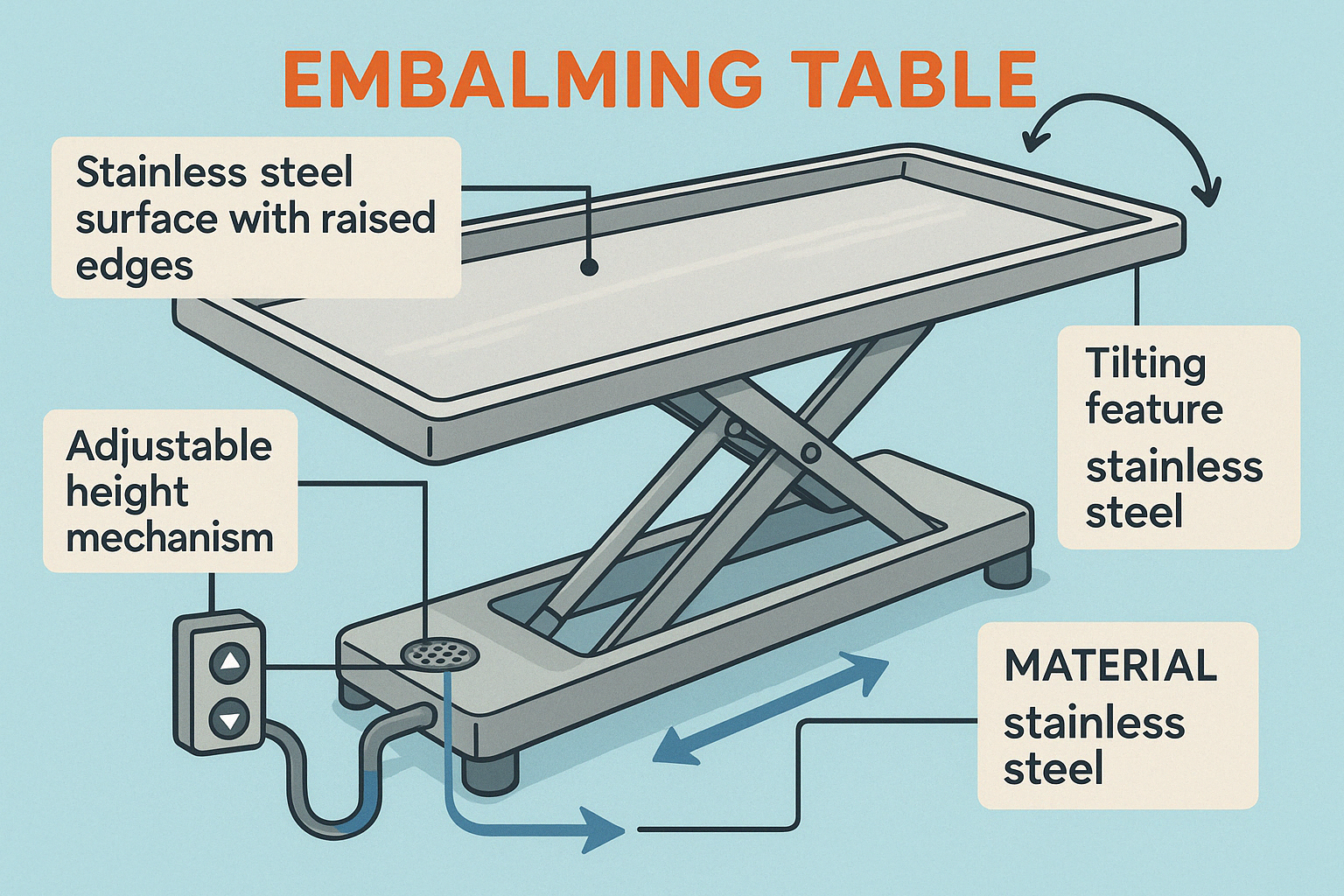 Detailed diagram of embalming table components showing drainage system, adjustable height mechanism, tilting features, and material composition with labels explaining each element's purpose in the embalming process - embalming table definition infographic 