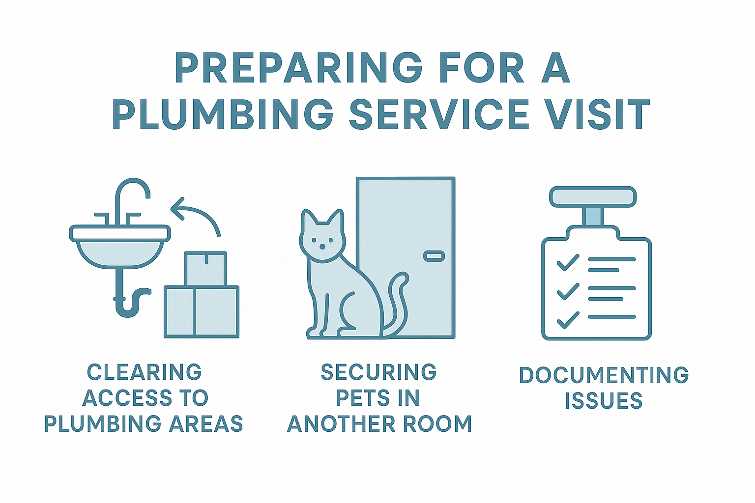 Steps to prepare for a plumbing service visit, including clearing access, securing pets, and documenting issues - contractor plumber near me infographic