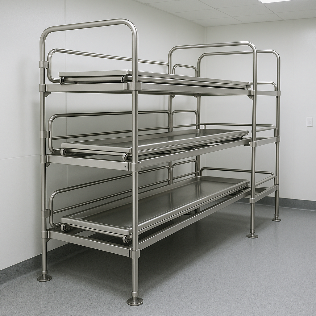 A modern rollered morgue storage rack with multiple tiers and safety features - morgue storage racks