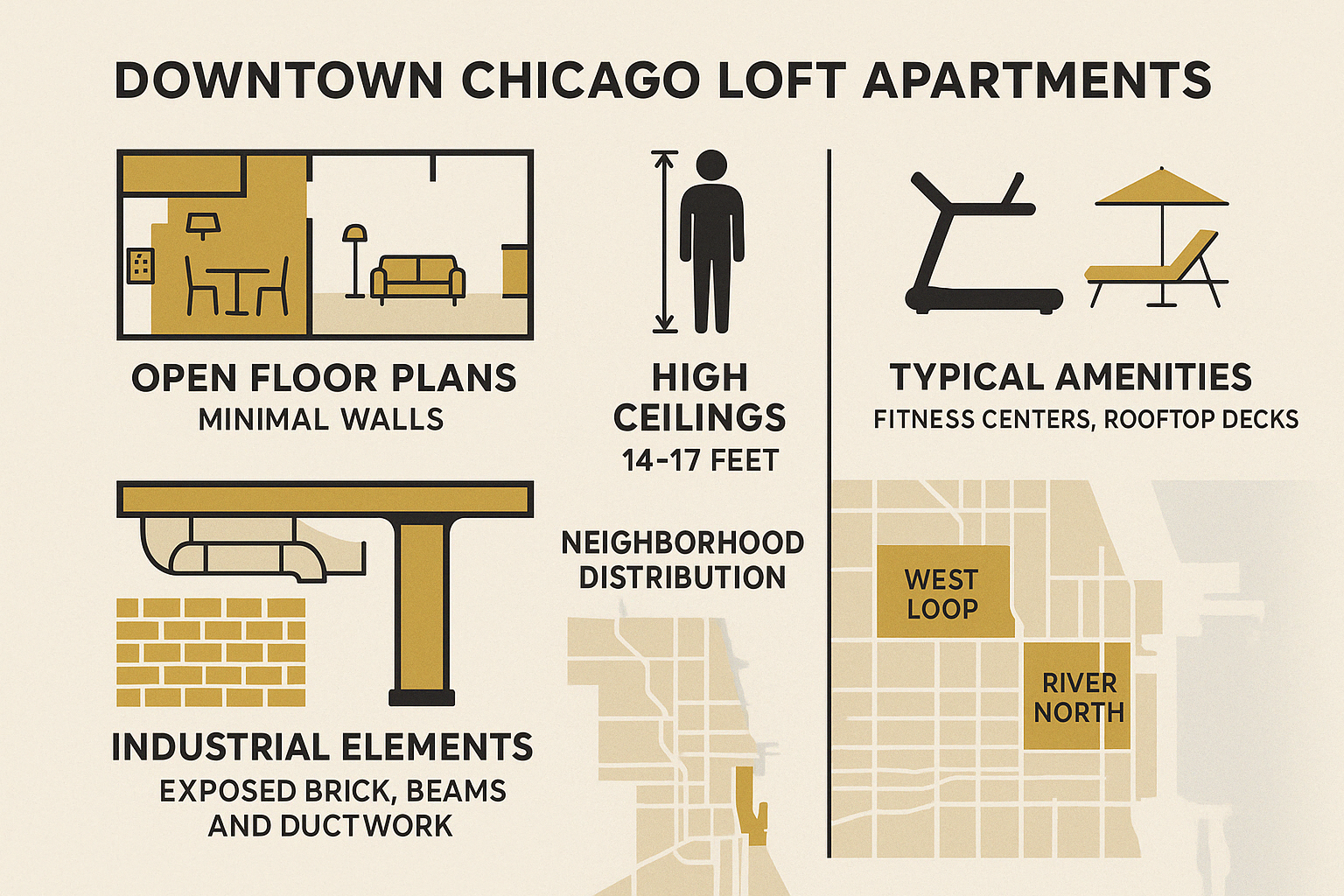 Infographic showing key characteristics of downtown Chicago loft apartments including floor plans, ceiling heights, common industrial elements, neighborhood distribution, and typical amenities found in modern loft buildings - loft apartments downtown chicago infographic 