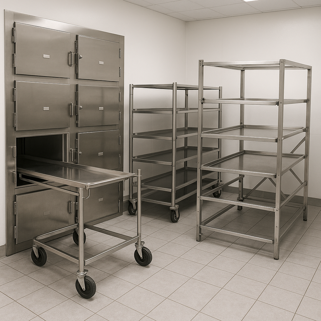 Different types of morgue storage racks including stainless steel multi-tier systems, portable units with casters, and collapsible temporary racks - morgue storage racks