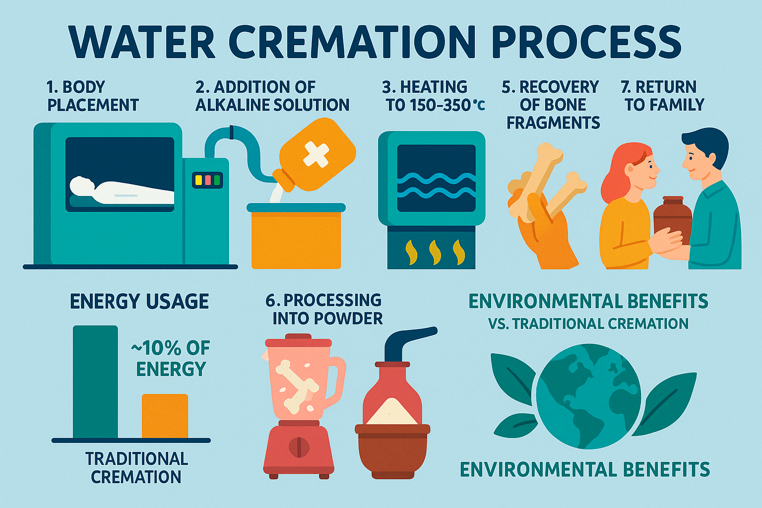 Detailed infographic showing the water cremation process with steps including: 1) Body placement in stainless steel chamber, 2) Addition of alkaline solution, 3) Heating to 150-350°F, 4) Natural breakdown of tissue, 5) Recovery of bone fragments, 6) Processing into powder, and 7) Return to family. Also indicates energy usage comparison and environmental benefits versus traditional cremation. - how water cremation works infographic 