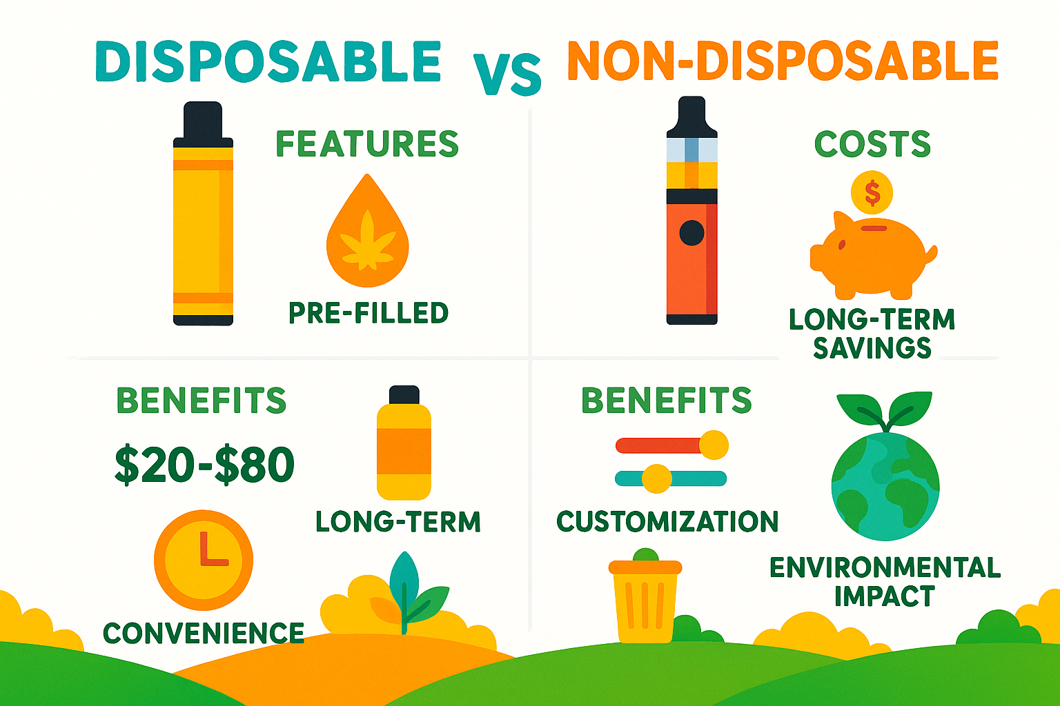 Comparison of disposable vs non-disposable cannabis vape pens showing features, costs, benefits, and environmental impact - Disposable cannabis vape pens infographic 