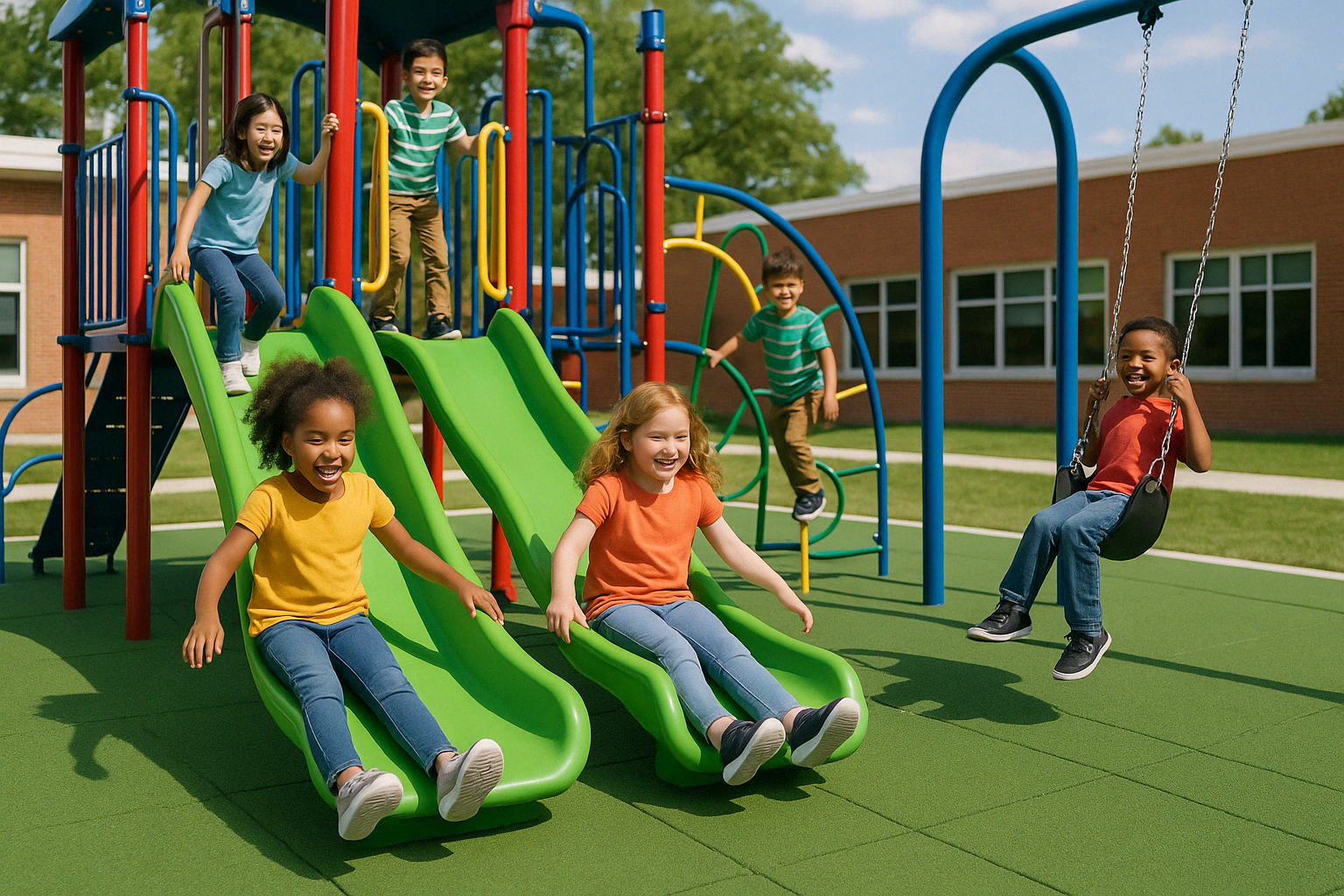 Children safely playing on synthetic turf playground with fall protection padding - Synthetic grass for schools