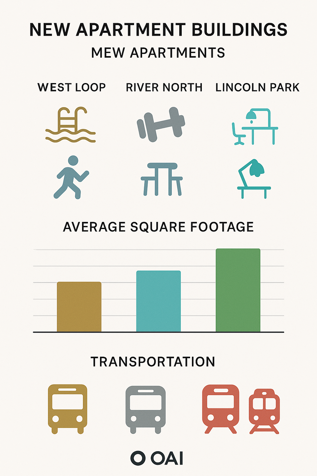Infographic comparing amenities, average square footage, and transportation options between West Loop, River North, and Lincoln Park new apartment buildings - new apartments west loop chicago infographic 