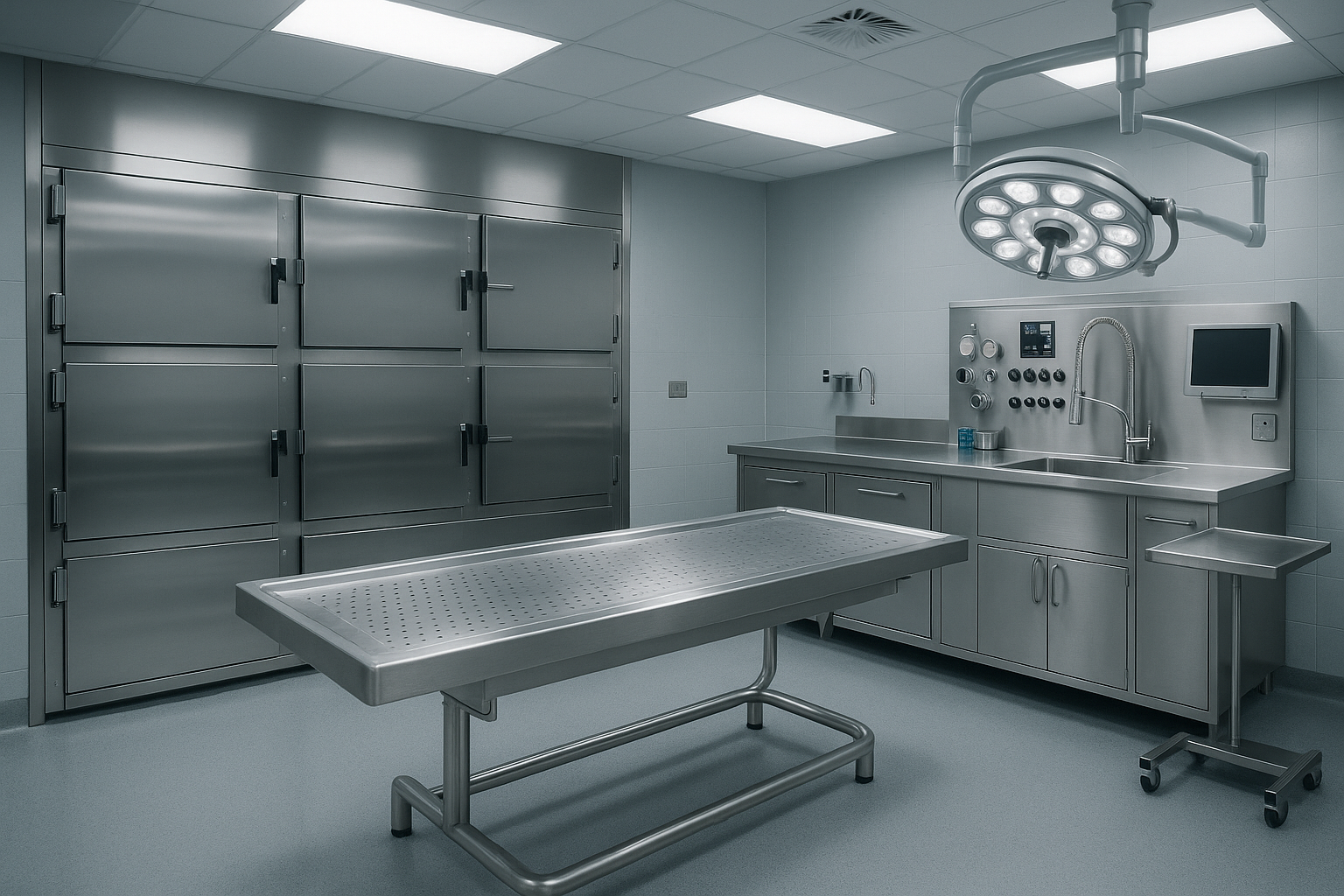 American Mortuary Coolers custom equipment installed in a modern preparation room - embalming equipment for sale