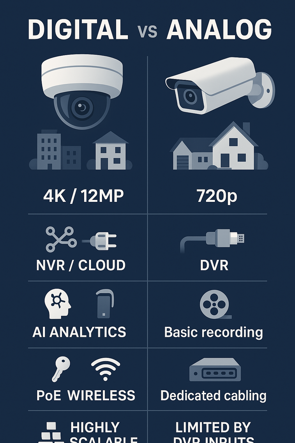 Comprehensive comparison of digital vs analog CCTV cameras showing resolution differences, network requirements, storage options, key features, installation methods, and scalability limitations side by side with visual examples of each camera type and their typical applications in property management settings - digital cctv camera infographic 