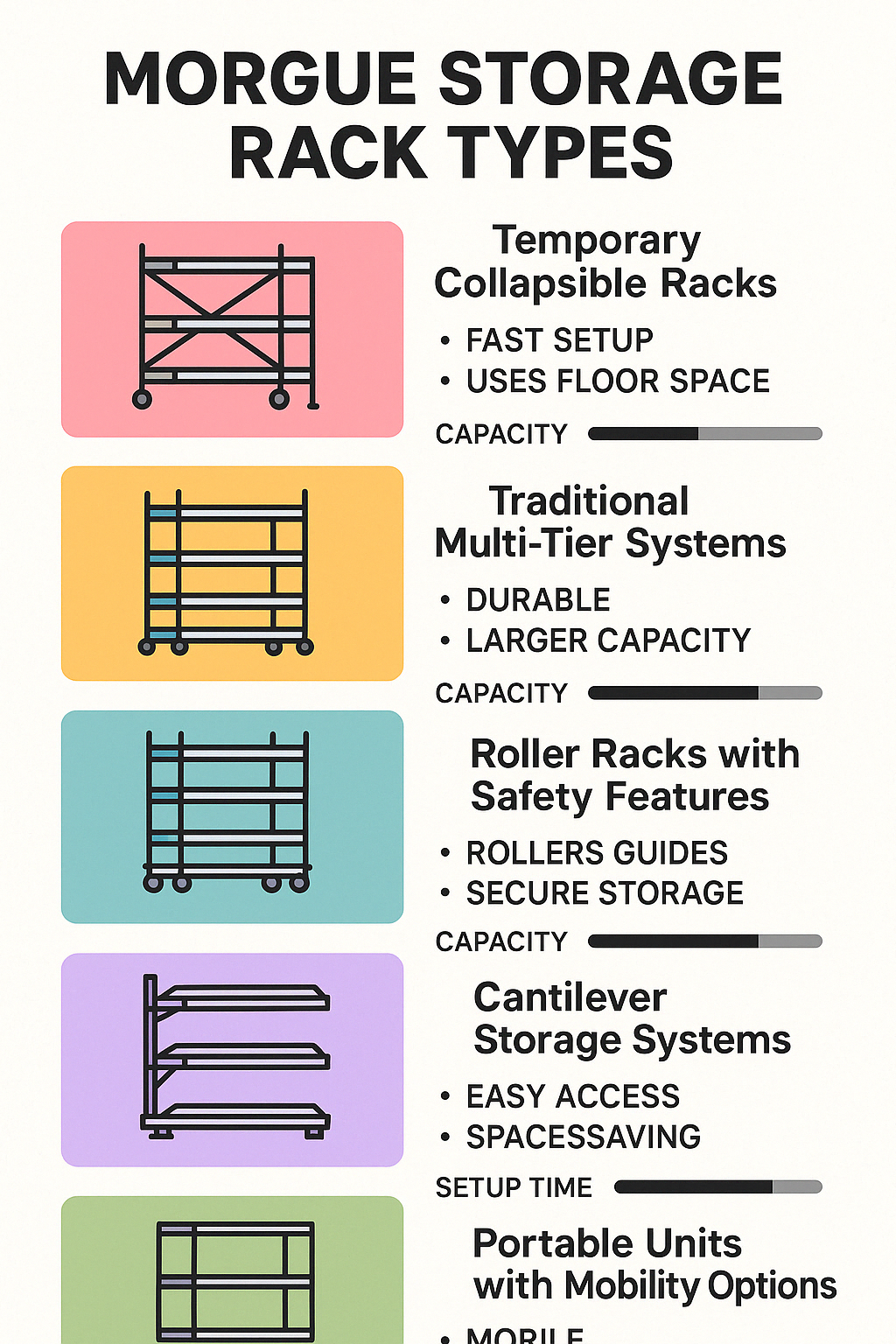 Comparison of morgue storage rack types showing temporary collapsible racks, traditional multi-tier systems, roller racks with safety features, cantilever storage systems, and portable units with mobility options, including capacity, setup time, and key benefits for each type - morgue storage racks infographic 