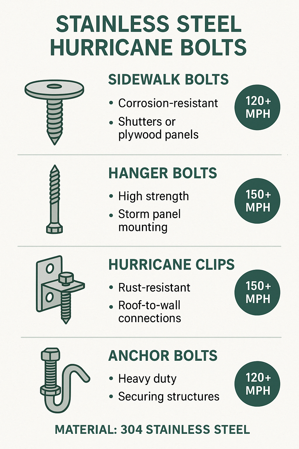 Diagram showing different types of stainless steel hurricane bolts with their applications, wind resistance ratings, and material specifications - stainless steel hurricane bolts infographic 