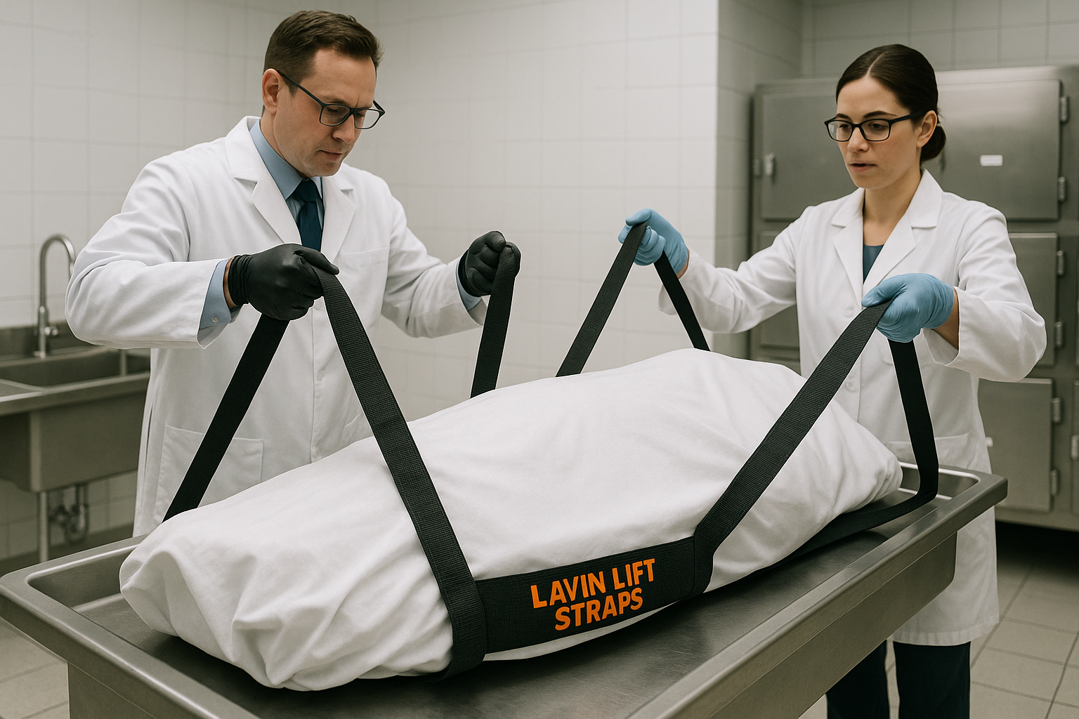 Lavin Lift Straps in use - straps for mortuary lifts
