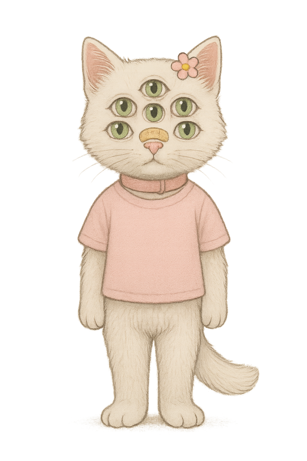 Weirdcore surreal aesthetic, liminal spaces, dreamlike uncanny visuals, cute and furry it will be a cat it will have a banedge in her nose and she will waer a cute light pink shirt and she will have green eyes and  tiny pink flower in her head she will be white and she will have a pink colar in her neck, sunnypaw, Eye Configuration: Multiple Eyes, Time Period: Y2K Era, Emotional State: Peaceful, white background, full-length portrait, full body shot, whole figure head-to-toe fully visible, leave at least 15% empty margin above head and below feet, subject centered, long shot (not close-up), character height about 35% of image, do not crop, no cut off, no zoom-in, complete anatomy, well-proportioned full figure, standing pose, highly detailed, clean fine linework, smooth soft shading, soft gradients, minimal grain, low noise, anti-aliased edges, balanced contrast, high quality illustration, proper studio lighting