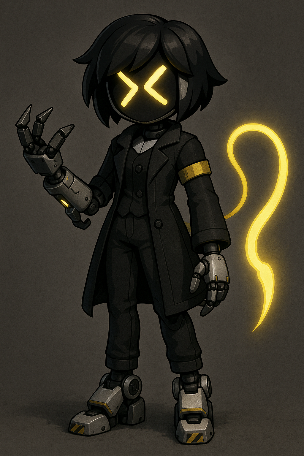 Murder Drones robot character style, sci-fi industrial aesthetic, glowing accents, 🧩 Parts to Use from Each Image: 1️⃣ First Image (Your Sketch) Base body pose and structure Claw weapon on the left hand Energy tail and weapon plug 2️⃣ Second Image (Roblox Character) Hair style X-shaped LED face light Black coat clothing Pants under the coat 3️⃣ Third Image (Official Murder Drones Drone) White mechanical drone feet with yellow caution stripes Style reference for the 3D rendering and shading Possibly help with material design (metal textures, joints, etc.) 🔧 Final Character Design (Concept Summary): Head: Hair from image 2 Glowing yellow X-shaped LED eyes on a black faceplate Upper Body: Black coat from image 2 layered over the torso design in your sketch Possibly with a Murder Drones-style yellow armband or detailing Arms: Left arm: Equipped with claw weapon from your sketch Right arm: Regular drone arm with caution ring at wrist (Murder Drones style) Legs: Pants from image 2 Feet from image 3 (white metal with yellow-black caution stripes) Back/Tail: Corded energy weapon plug from your sketch (possibly glowing or animated), Murder Drones–inspired original robot OC, sleek black-and-yellow chassis with hazard stripes and an original skull-gear emblem; segmented wings with jet thrusters, retractable scythe arm and clawed manipulators; glowing cyan optics, cold breath mist, oil-slick reflections; dynamic rooftop perch in a snow-swept, neon-lit industrial colony; hard-edged sci-fi linework, glossy metal shaders, moody rim light, particle snow, high detail, 4k, Murder Drones–inspired original robot OC, sleek black-and-yellow chassis with hazard stripes and an original skull-gear emblem; segmented wings with jet thrusters, retractable scythe arm and clawed manipulators; glowing cyan optics, cold breath mist, oil-slick reflections; dynamic rooftop perch in a snow-swept, neon-lit industrial colony; hard-edged sci-fi linework, glossy metal shaders, moody rim light, particle snow, high detail, 4k, Serial Designation L, Drone Type: Disassembly Drone, AI Personality: Aggressive, Weapon Systems: Chainsaw, Armor Type: Light Plating, Power Core: Hybrid, Optical Systems: Standard Visor, Damage Level: Minor Scratches, Color Scheme: Custom Paint, Special Abilities: Memory Wipe, Mission Role: Assault, Environment: Factory Floor, white background, full-length portrait, full body shot, whole figure head-to-toe fully visible, leave at least 15% empty margin above head and below feet, subject centered, long shot (not close-up), character height about 35% of image, do not crop, no cut off, no zoom-in, complete anatomy, well-proportioned full figure, standing pose, highly detailed, clean fine linework, smooth soft shading, soft gradients, minimal grain, low noise, anti-aliased edges, balanced contrast, high quality illustration, proper studio lighting