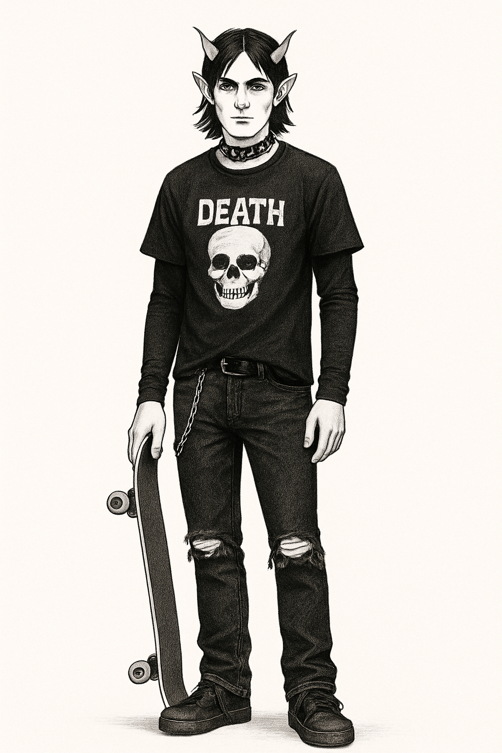 Goth Skater in his late 20's within demon ears in his human form, white background, full-length portrait, full body shot, whole figure head-to-toe fully visible, leave at least 15% empty margin above head and below feet, subject centered, long shot (not close-up), character height about 35% of image, do not crop, no cut off, no zoom-in, complete anatomy, well-proportioned full figure, standing pose, highly detailed, clean fine linework, smooth soft shading, soft gradients, minimal grain, low noise, anti-aliased edges, balanced contrast, high quality illustration, proper studio lighting