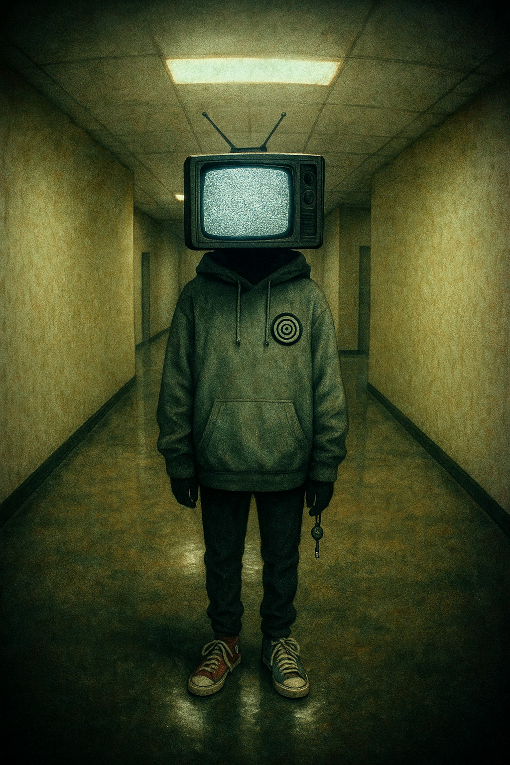 Weirdcore surreal aesthetic, liminal spaces, dreamlike uncanny visuals, weirdcore original character (OC), faceless figure in oversized hoodie with analog TV head displaying static; mismatched sneakers, dangling keychain, original spiral-eye emblem; standing in an empty liminal hallway with yellowed wallpaper, humming fluorescent lights, wet carpet reflections; fisheye distortion, subtle film grain, chromatic aberration, soft vignetting, eerie calm, 4k, weirdcore original character (OC), faceless figure in oversized hoodie with analog TV head displaying static; mismatched sneakers, dangling keychain, original spiral-eye emblem; standing in an empty liminal hallway with yellowed wallpaper, humming fluorescent lights, wet carpet reflections; fisheye distortion, subtle film grain, chromatic aberration, soft vignetting, eerie calm, 4k, Reality Level: Nightmare, Eye Configuration: No Eyes, Liminal Space: Hospital, Color Distortion: Gradient Bleeding, Facial Features: Fragmented, Body Distortion: Transparent, Texture Quality: Glitchy, Atmosphere: Eerie Calm, Time Period: Y2K Era, Digital Artifacts: Pixel Bleeding, Emotional State: Nostalgic, Surreal Elements: Void Spaces, white background, full-length portrait, full body shot, whole figure head-to-toe fully visible, leave at least 15% empty margin above head and below feet, subject centered, long shot (not close-up), character height about 35% of image, do not crop, no cut off, no zoom-in, complete anatomy, well-proportioned full figure, standing pose, highly detailed, clean fine linework, smooth soft shading, soft gradients, minimal grain, low noise, anti-aliased edges, balanced contrast, high quality illustration, proper studio lighting